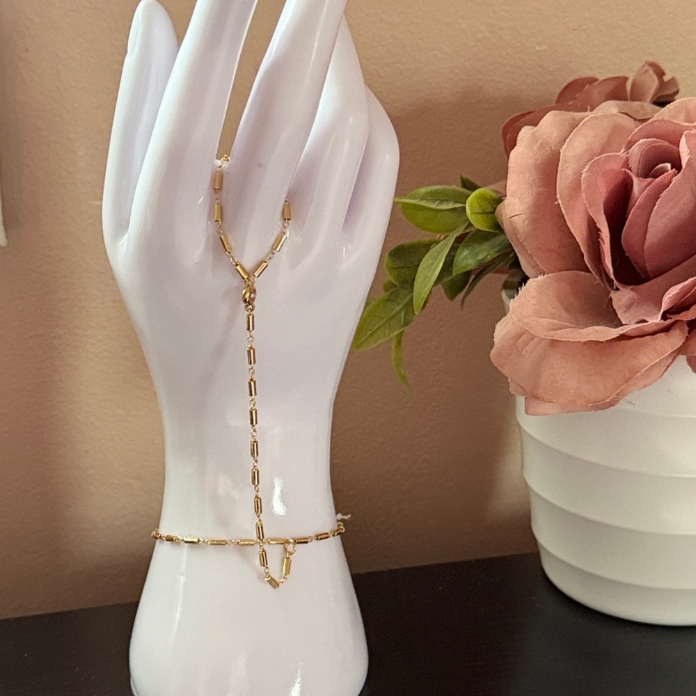 Delicate Gold Tone Hand Chain with Clear Crystal Accent - Women Jewelry